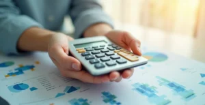 Main tenant une calculatrice moderne avec des éléments décoratifs abstraits colorés représentant la planification budgétaire d'un déménagement