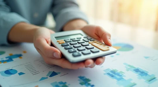 Main tenant une calculatrice moderne avec des éléments décoratifs abstraits colorés représentant la planification budgétaire d'un déménagement