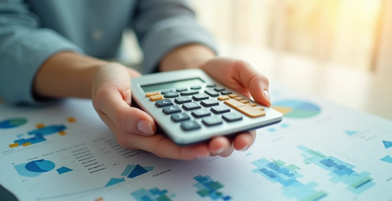 Main tenant une calculatrice moderne avec des éléments décoratifs abstraits colorés représentant la planification budgétaire d'un déménagement