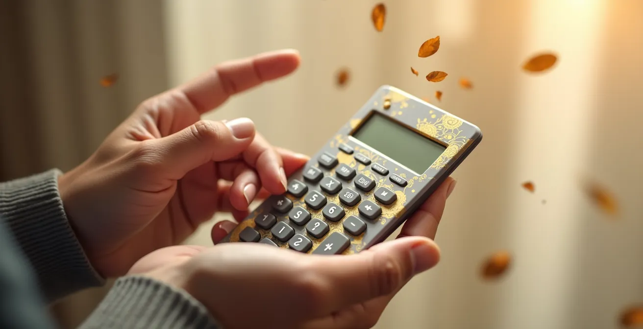 Mains tenant une calculatrice avec des motifs artistiques dorés, évoquant le calcul budgétaire pour un déménagement