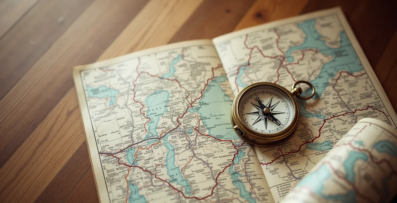 Vue de dessus d'une table avec cartes routières et boussole de navigation
