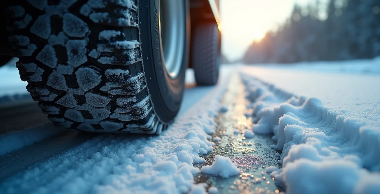 Gros plan sur un pneu de camion sur route enneigée avec traces de glace