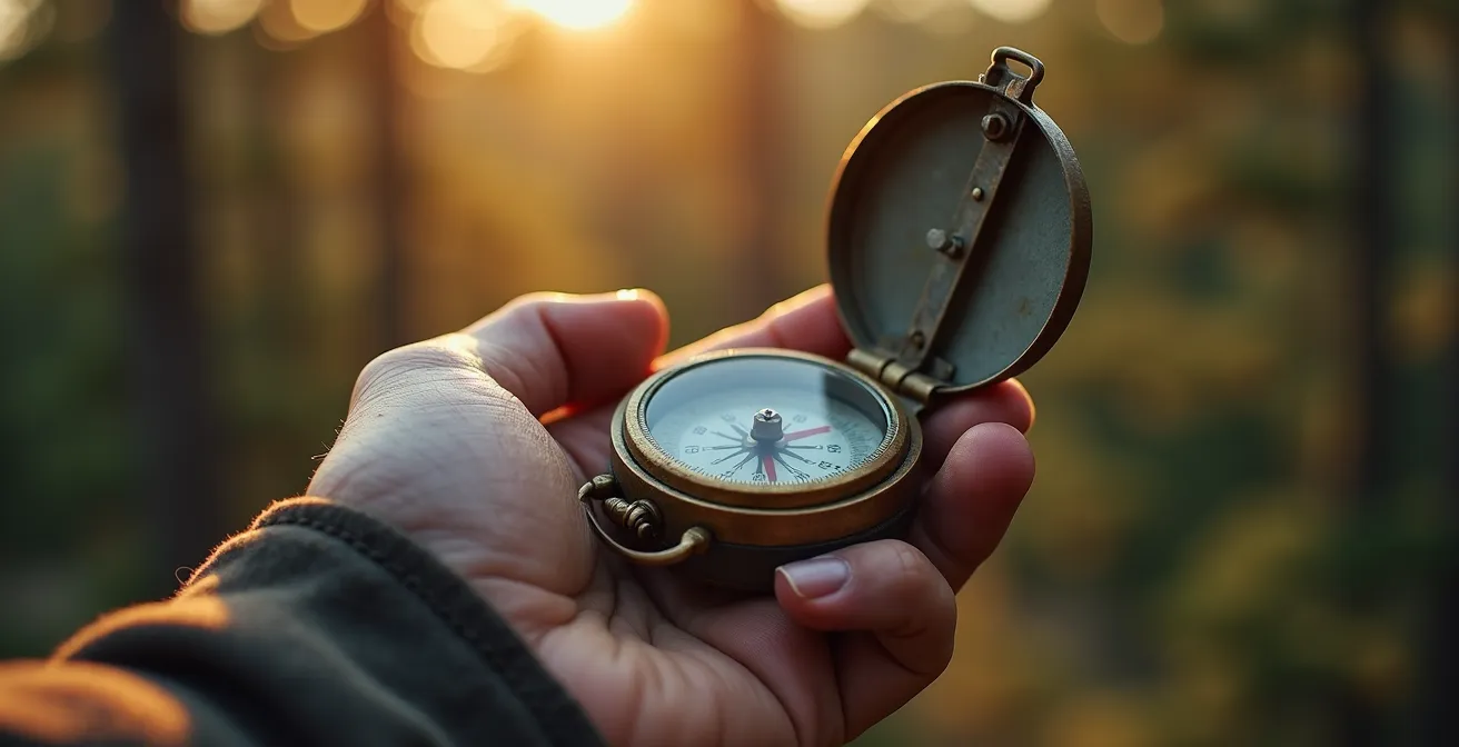 Main tenant une boussole vintage sur fond de forêt boréale floue