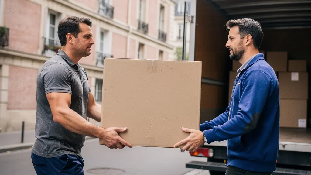 Déménageurs professionnels chargeant un carton vers un camion de déménagement dans une rue toulousaine