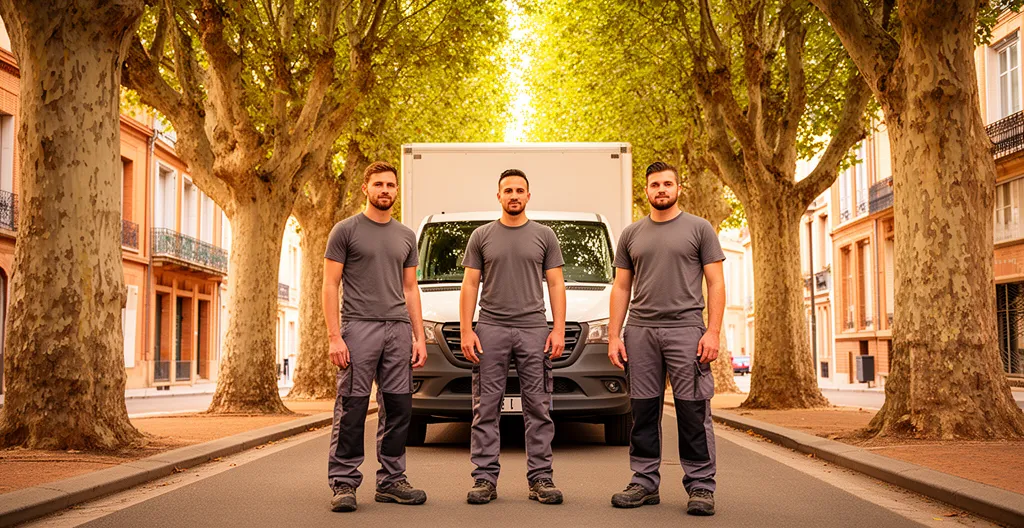 Équipe de déménageurs professionnels devant leur camion