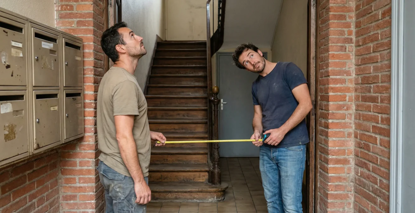 Déménageurs évaluant l'accès d'un immeuble toulousain