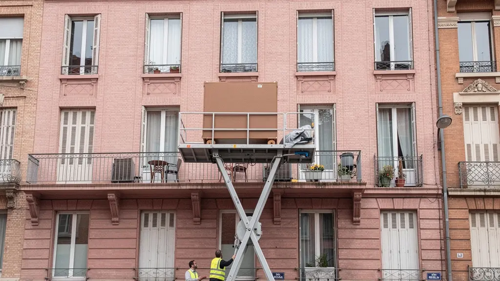 Monte-meuble déployé contre une façade en briques roses typique de Toulouse pour un déménagement en étage