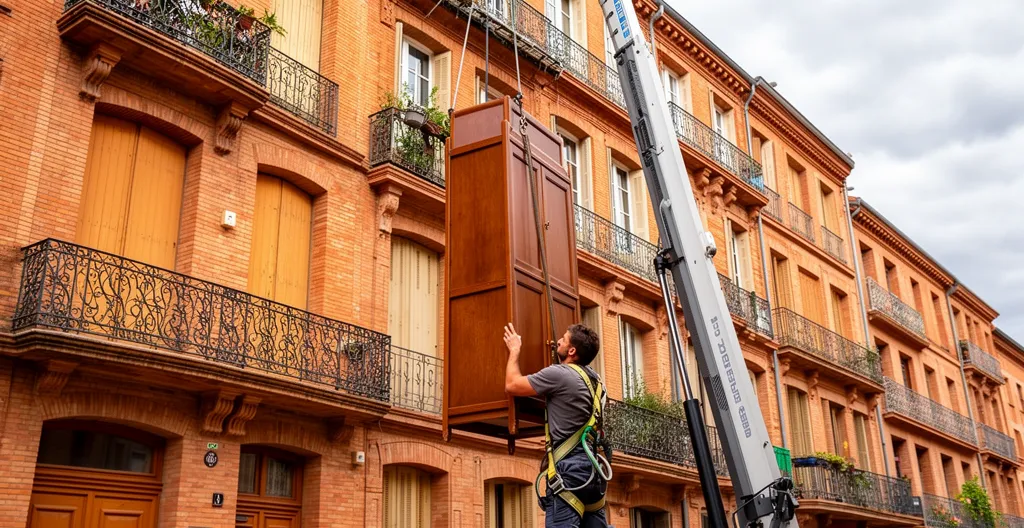 Utilisation d'un monte-meubles dans une rue toulousaine