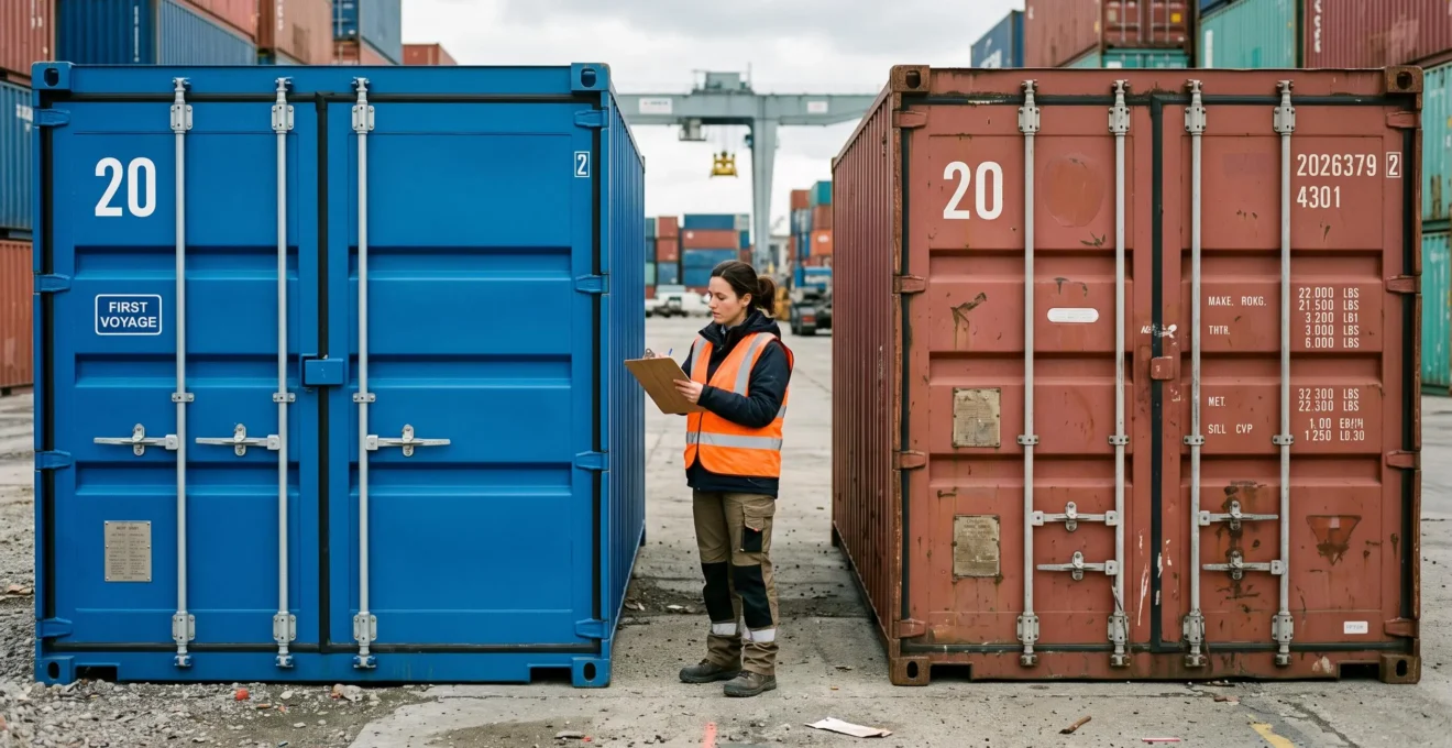 Acheteur professionnel inspectant des containers maritimes neufs et d'occasion dans un dépôt de stockage en France
