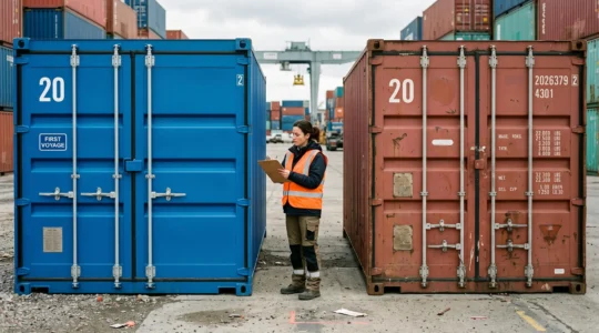 Acheteur professionnel inspectant des containers maritimes neufs et d'occasion dans un dépôt de stockage en France