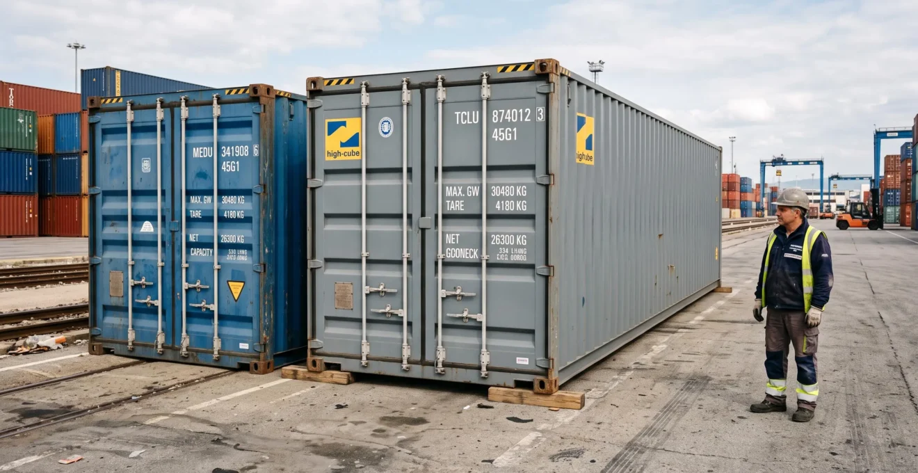 Containers maritimes de différentes tailles (20 pieds et 40 pieds high-cube) côte à côte dans un dépôt de stockage avec professionnel pour l'échelle