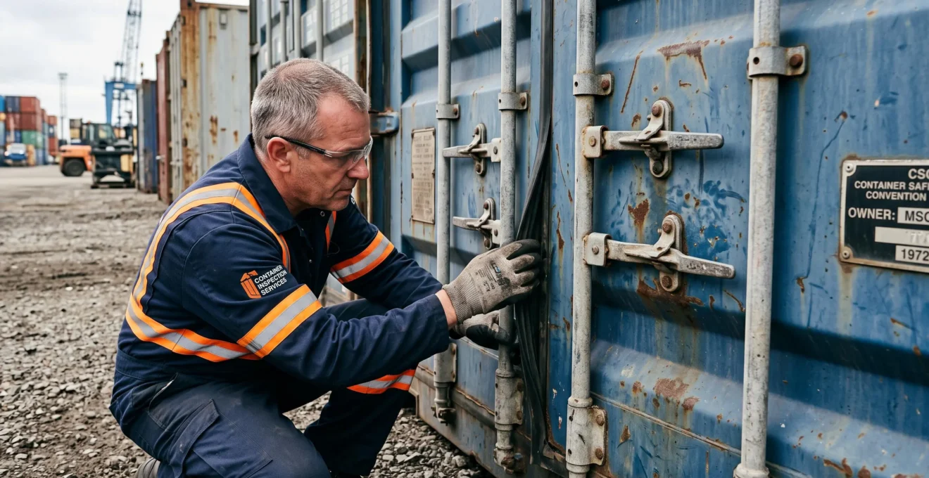Inspecteur professionnel vérifiant l'état des joints et des mécanismes de fermeture d'un container maritime d'occasion
