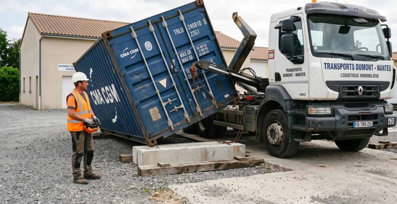 Livraison et installation d'un container maritime par camion équipé avec opérateur supervisant le positionnement sur site